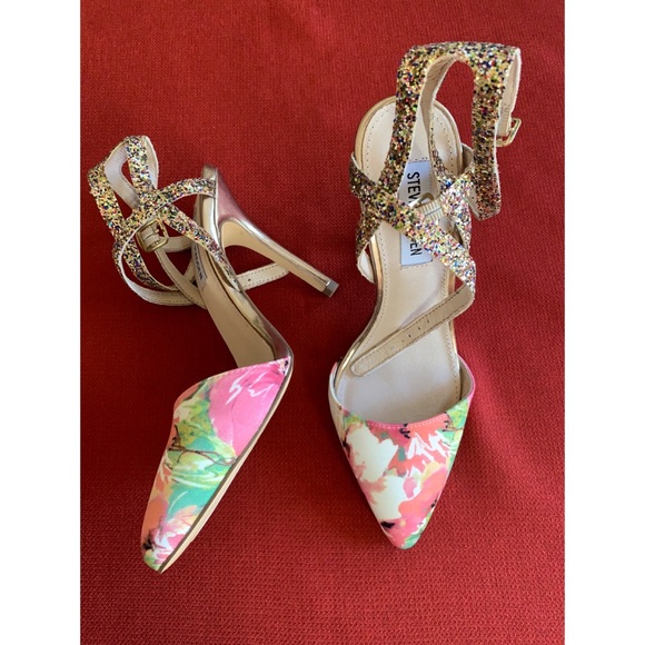Steve Madden floral print pointy toe glitter strappy heels, New, 7.5 - Picture 8 of 13